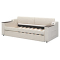 Twin Size Upholstery Daybed With Storage Arms, Trundle And Usb Design, Beige Box Spring Not Required Twin Beige Wood Upholstered