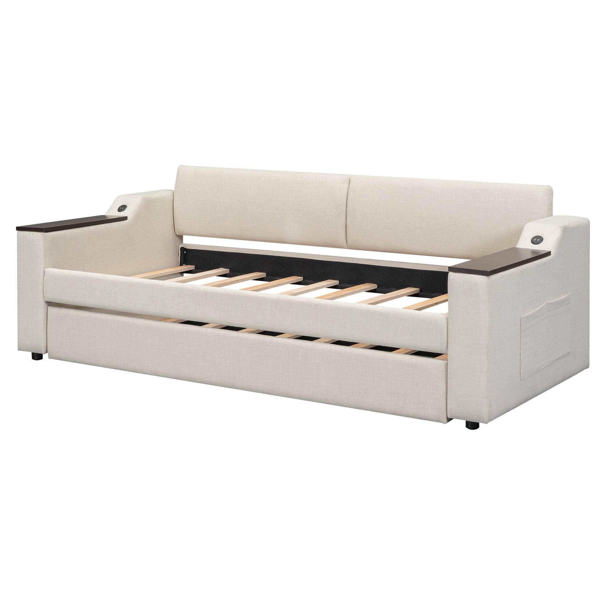 Twin Size Upholstery Daybed With Storage Arms, Trundle And Usb Design, Beige Box Spring Not Required Twin Beige Wood Upholstered