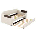 Twin Size Upholstery Daybed With Storage Arms, Trundle And Usb Design, Beige Box Spring Not Required Twin Beige Wood Upholstered