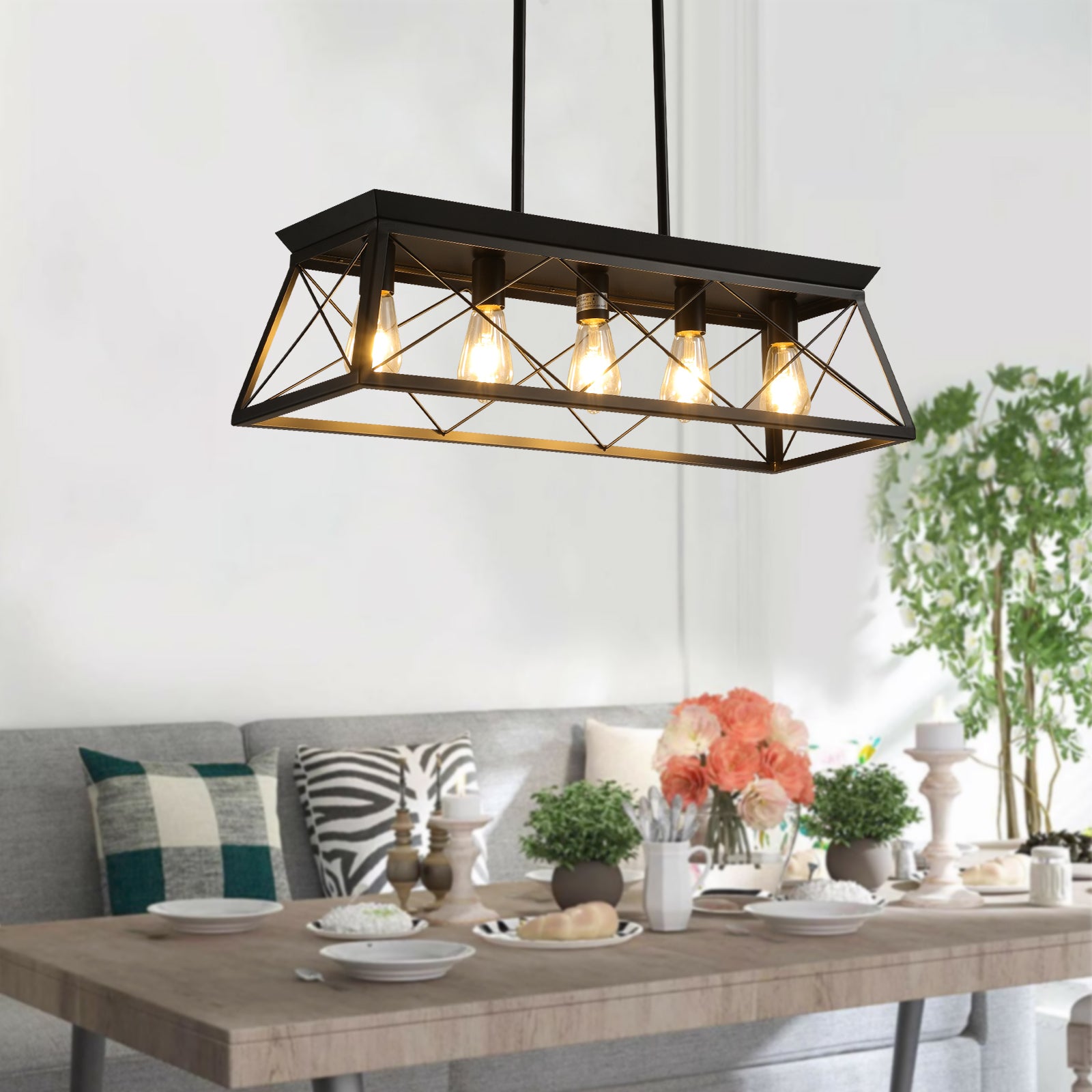 Same As W1340111200 L1006 5 Light Farmhouse Chandeliers For Dining Room, Metal Rustic Pendant Island Light Fixture, Modern Rectangular Island Lights For Kitchen, Living Room Pure Black No Bulbs Black Ceiling Lights Farmhouse Living Room Iron