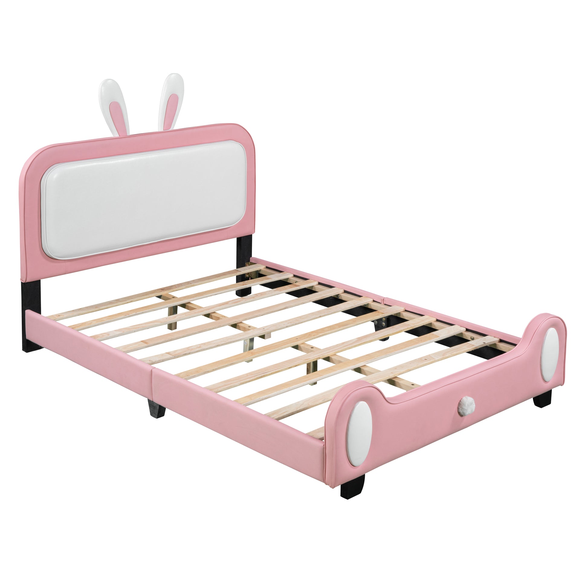 Full Size Upholstered Rabbit Shape Princess Bed ,Full Size Platform Bed With Headboard And Footboard,White Pink White Pink Pu