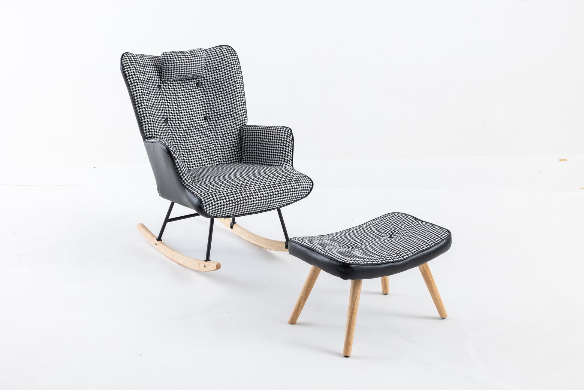 35.5 Inch Rocking Chair With Footrest, Soft Houndstooth Fabric Leather Fabric Rocking Chair For Nursery, Comfy Wingback Glider Rocker With Safe Solid Wood Base For Living Room Bedroom Balcony Black Black White Casual Foam Cotton Linen