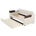 Twin Size Upholstery Daybed With Storage Arms, Trundle And Usb Design, Beige Box Spring Not Required Twin Beige Wood Upholstered