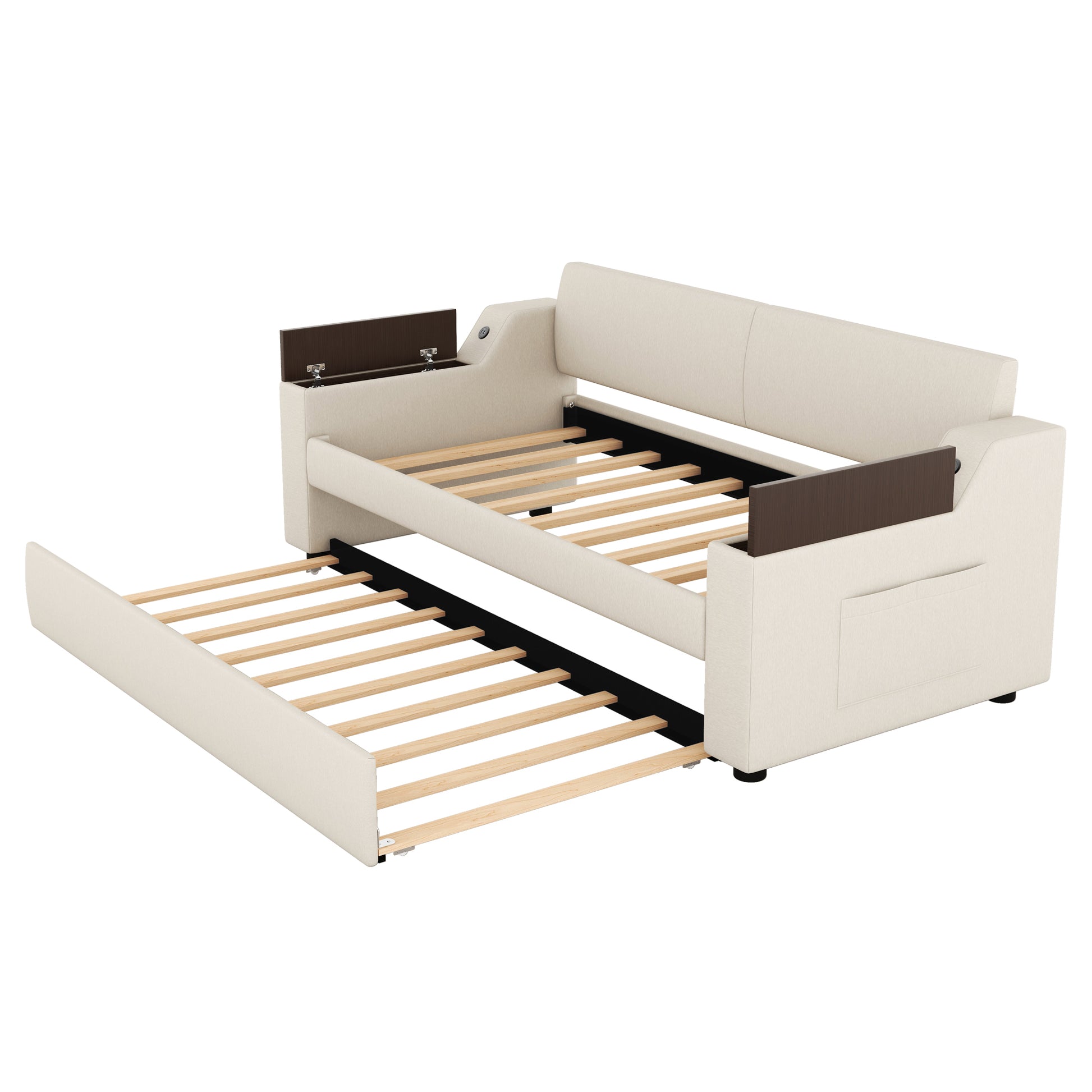 Twin Size Upholstery Daybed With Storage Arms, Trundle And Usb Design, Beige Box Spring Not Required Twin Beige Wood Upholstered