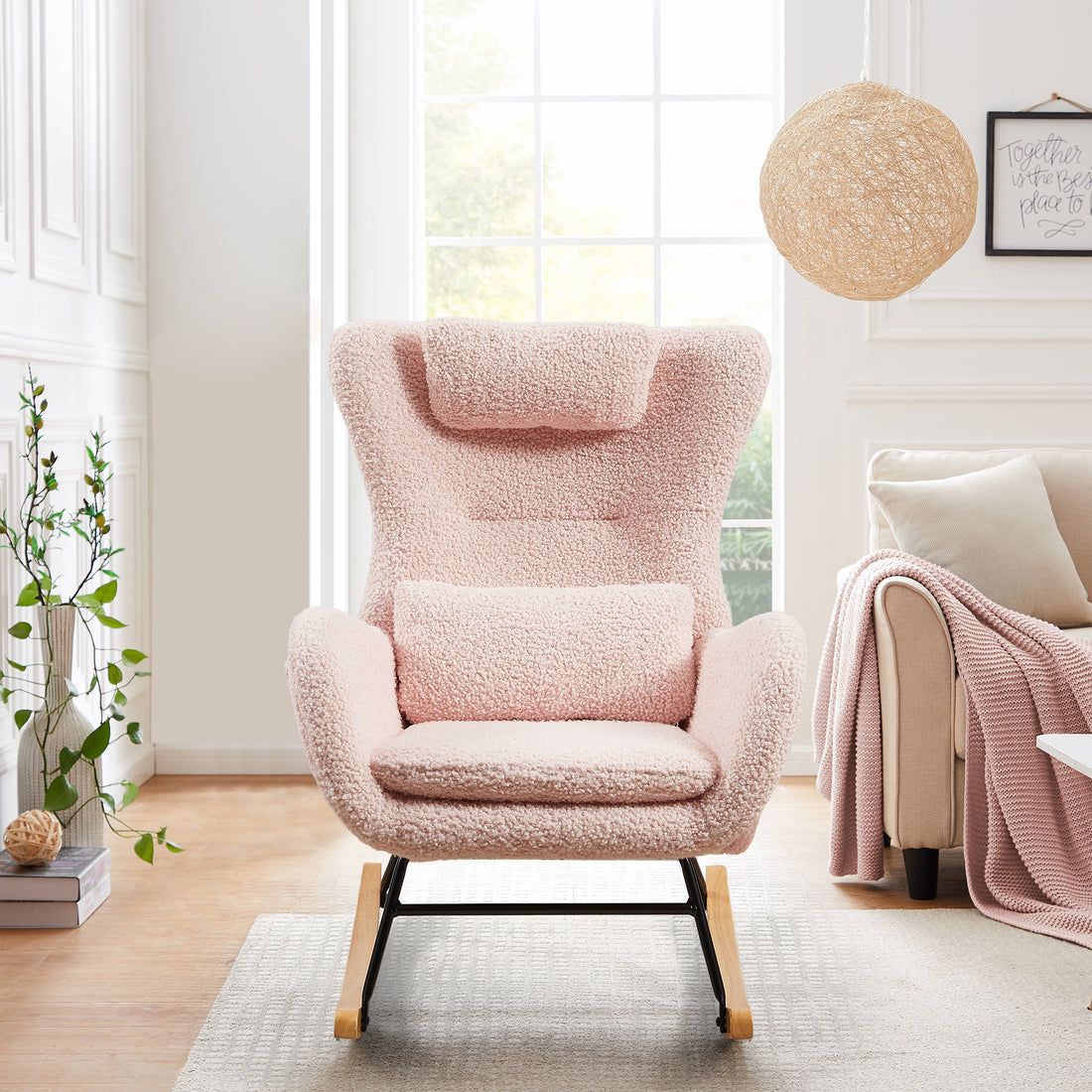 Rocking Chair Nursery, Modern Rocking Chair With High Backrest Pink Polyurethane Foam Fabric