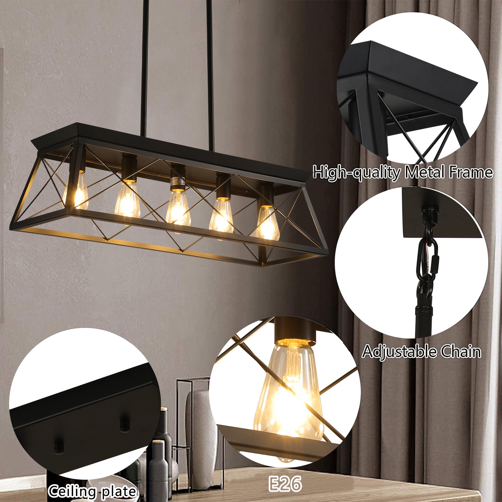 Same As W1340111200 L1006 5 Light Farmhouse Chandeliers For Dining Room, Metal Rustic Pendant Island Light Fixture, Modern Rectangular Island Lights For Kitchen, Living Room Pure Black No Bulbs Black Ceiling Lights Farmhouse Living Room Iron