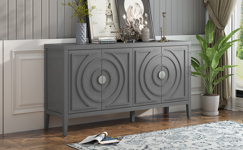 Retro Sideboard Door With Circular Groove Design Round Metal Door Handle For Entrance, Dinning Room, Living Room Gray Gray Mdf