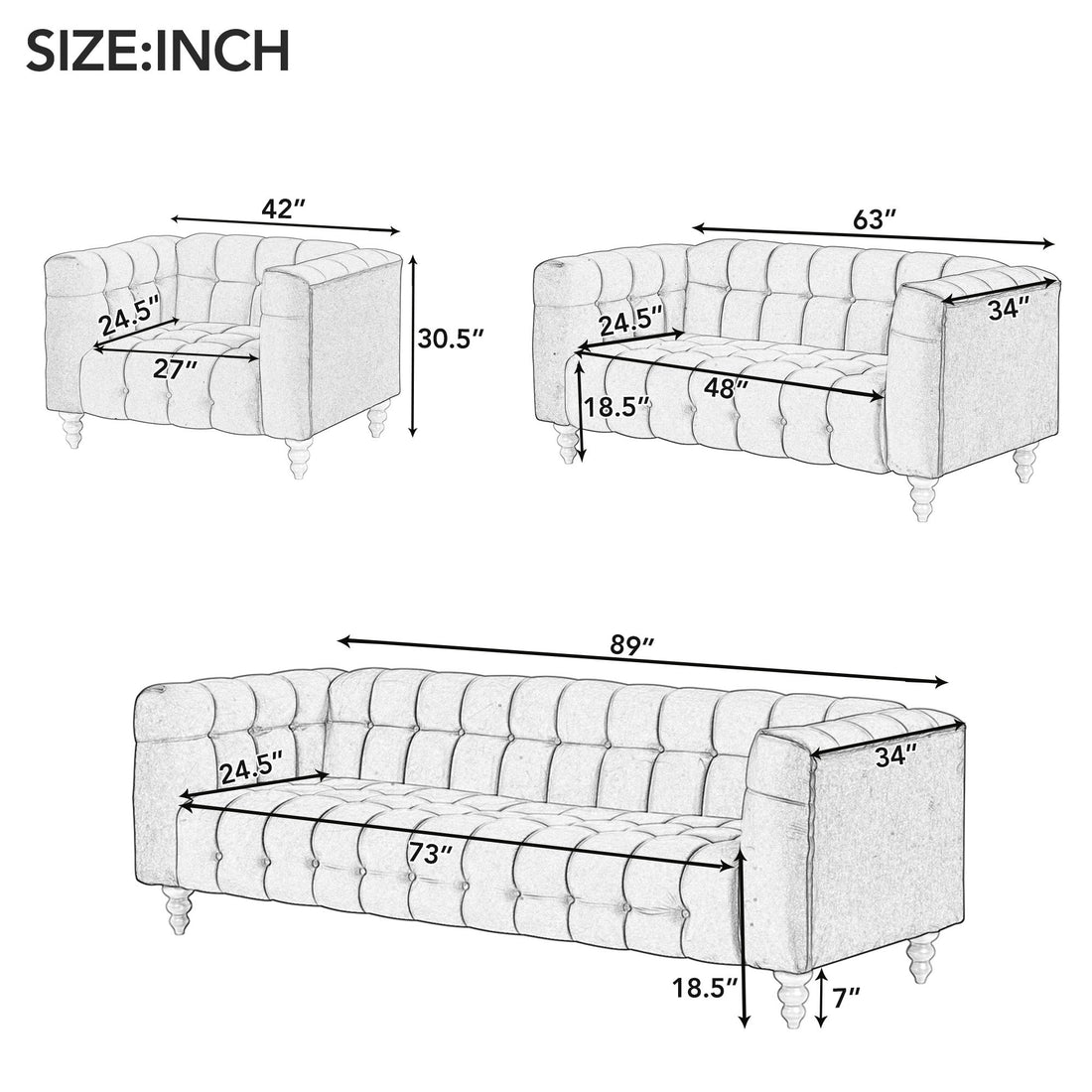 Modern 3 Piece Sofa Set With Solid Wood Legs, Buttoned Tufted Backrest, Dutch Fleece Upholstered Sofa Set Including Three Seater Sofa, Double Seat And Living Room Furniture Set Single Chair, Blue Blue Foam Polyester