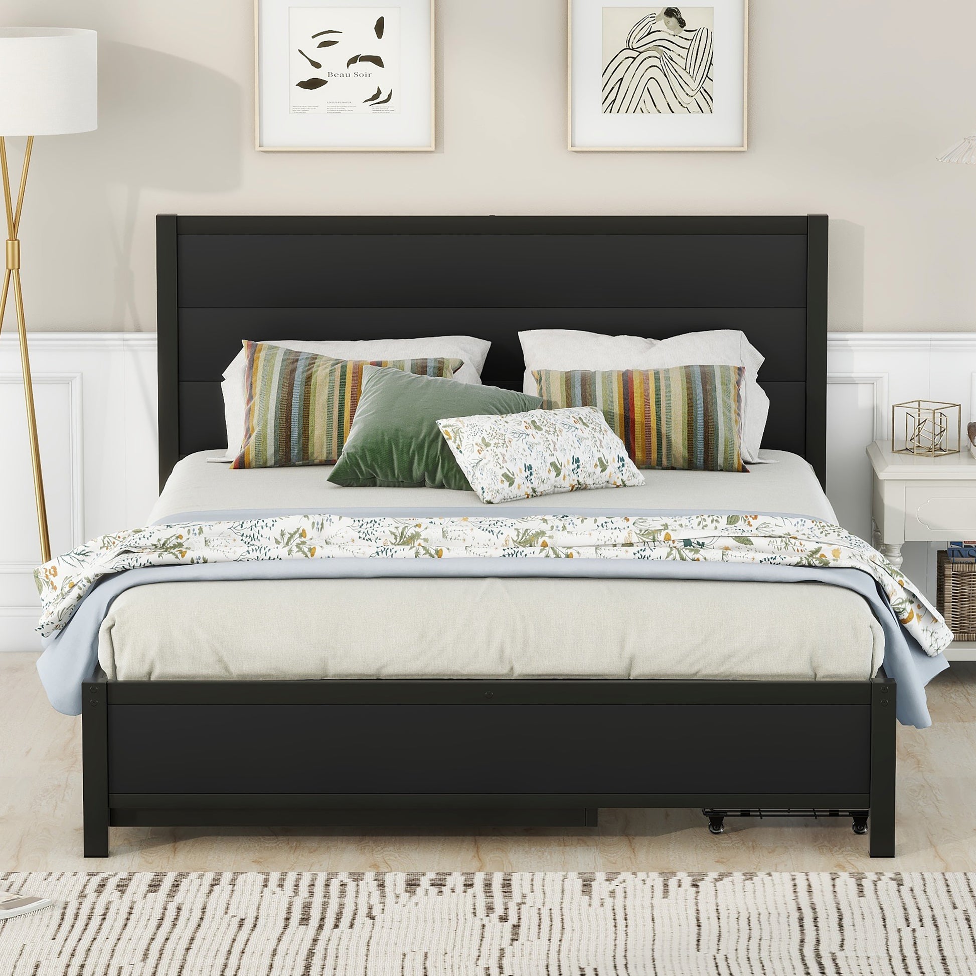 Metal Queen Size Storage Platform Bed With Twin Size Trundle And 2 Drawers, Black Queen Black Metal Bedroom Bed Frame Mdf Steel