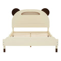 Full Size Wood Platform Bed With Bear Shaped Headboard,Bed With Motion Activated Night Lights,Cream Walnut Cream Wood