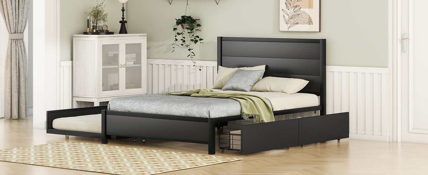 Metal Full Size Storage Platform Bed With Twin Size Trundle And 2 Drawers, Black Full Black Metal Bedroom Bed Frame Mdf Steel