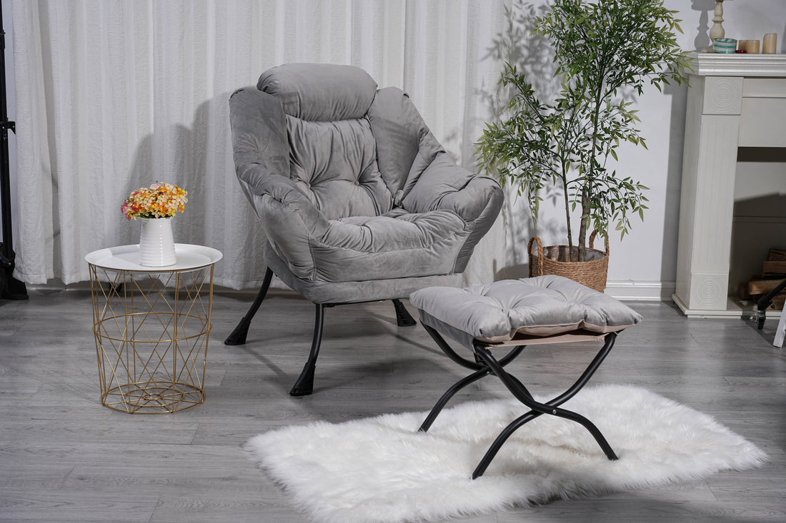 Living Room Chairs Modern Cotton Fabric Lazy Chair, Accent Contemporary Lounge Chair, Single Steel Frame Leisure Sofa Chair With Armrests And A Side Pocket Light Gray ,With Ottoman ,With Footrest Light Gray Polyester Primary Living Space Soft Polyester