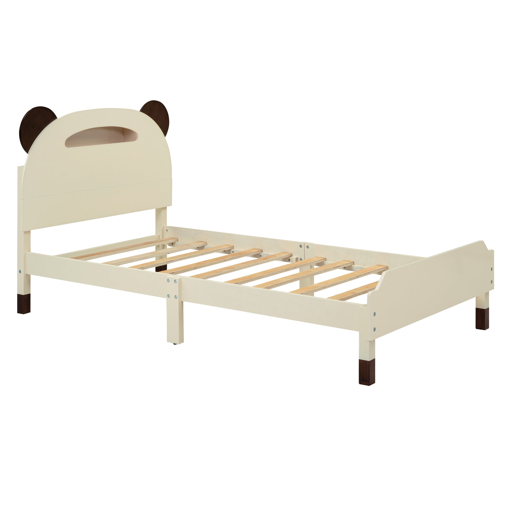 Twin Size Wood Platform Bed With Bear Shaped Headboard,Bed With Motion Activated Night Lights,Cream Walnut Cream Wood