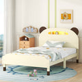 Twin Size Wood Platform Bed With Bear Shaped Headboard,Bed With Motion Activated Night Lights,Cream Walnut Cream Wood