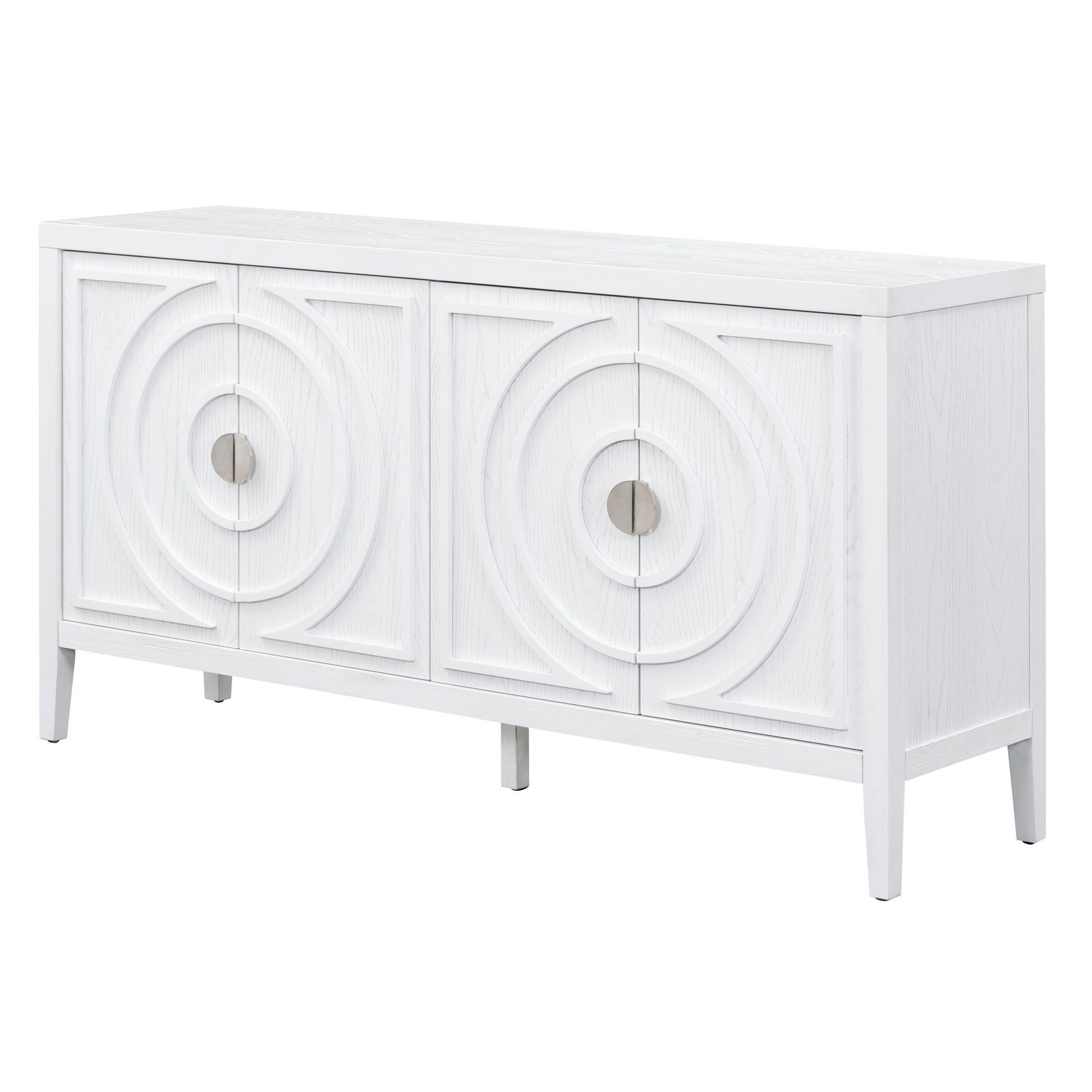 Retro Sideboard Door With Circular Groove Design Round Metal Door Handle For Entrance, Dinning Room, Living Room White White Mdf