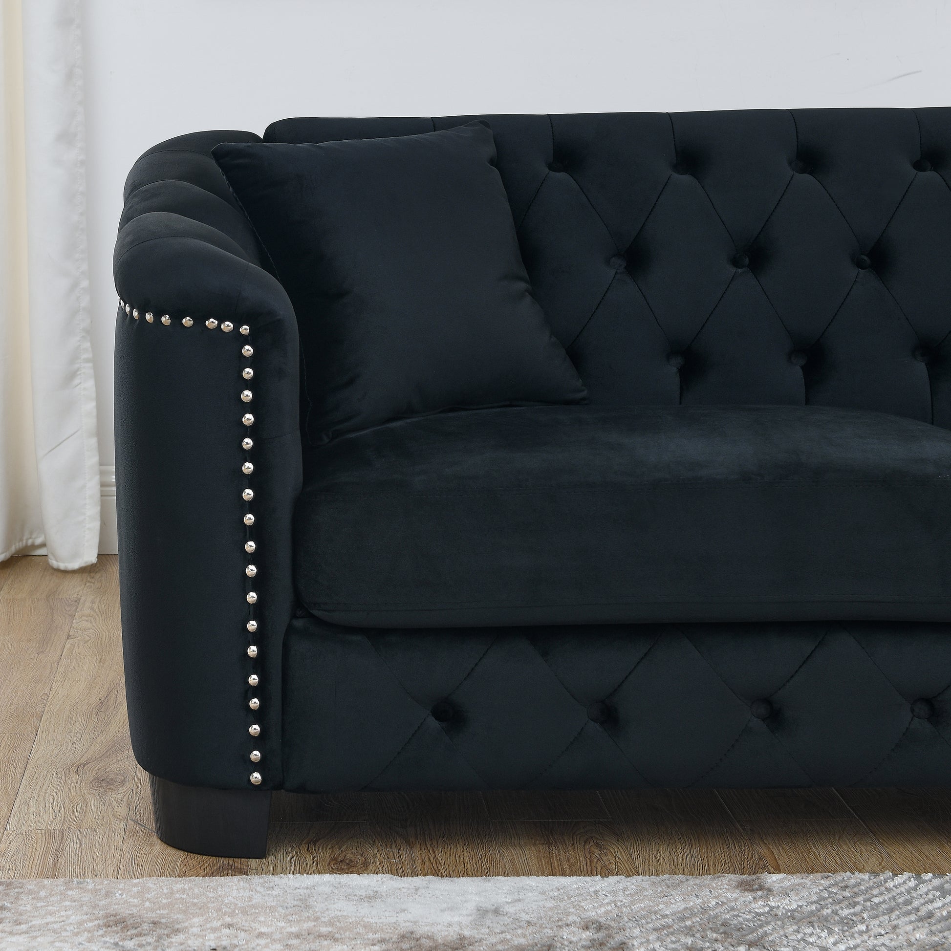 77 Inch Modern Chesterfield Velvet Sofa, 3 Seater Sofa, Upholstered Tufted Backrests With Arms And 2 Cushions For Living Room, Bedroom, Apartment, Office Black Black Primary Living Space Foam Velvet