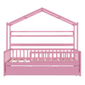 Wooden Twin Size House Bed With Trundle,Kids Bed With Shelf, Pink Pink Wood