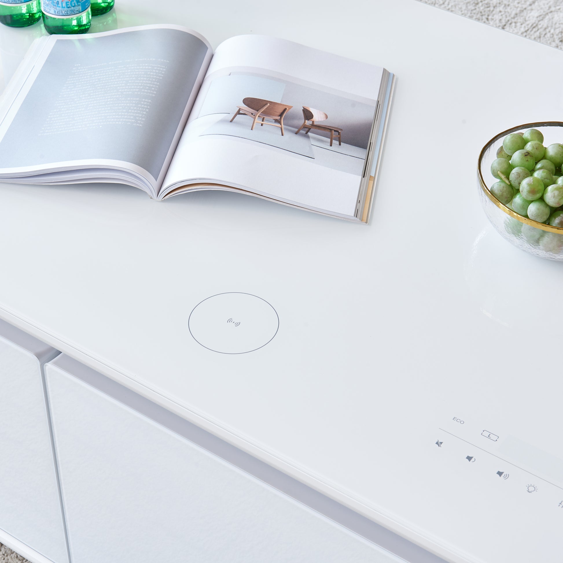 Smart Table Fridge, Multifunctional Coffee Table, Tempered Glass Table Top And Back Screen White Tempered Glass