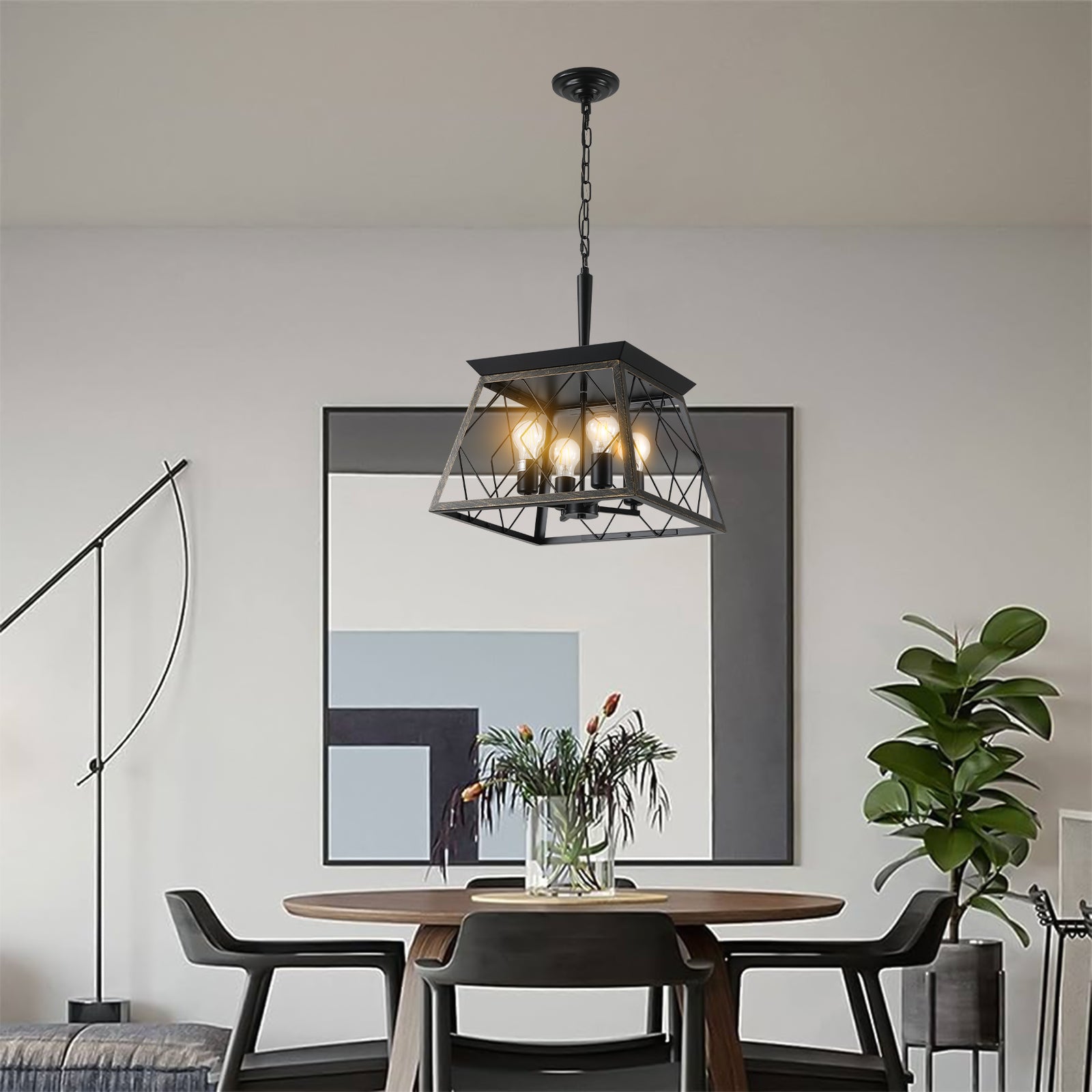 Same As W1340111204 L1010 16" Black Gold Industrial 4 Light Pendant Chandelier, Modern Metal Cage Design, Adjustable Hanging Light For Dining Room, Kitchen, Living Room No Bulbs Golden Black Ceiling