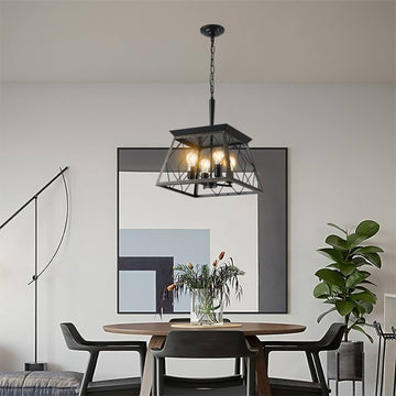 Same As W1340111204 L1010 16" Black Gold Industrial 4 Light Pendant Chandelier, Modern Metal Cage Design, Adjustable Hanging Light For Dining Room, Kitchen, Living Room No Bulbs Golden Black Ceiling