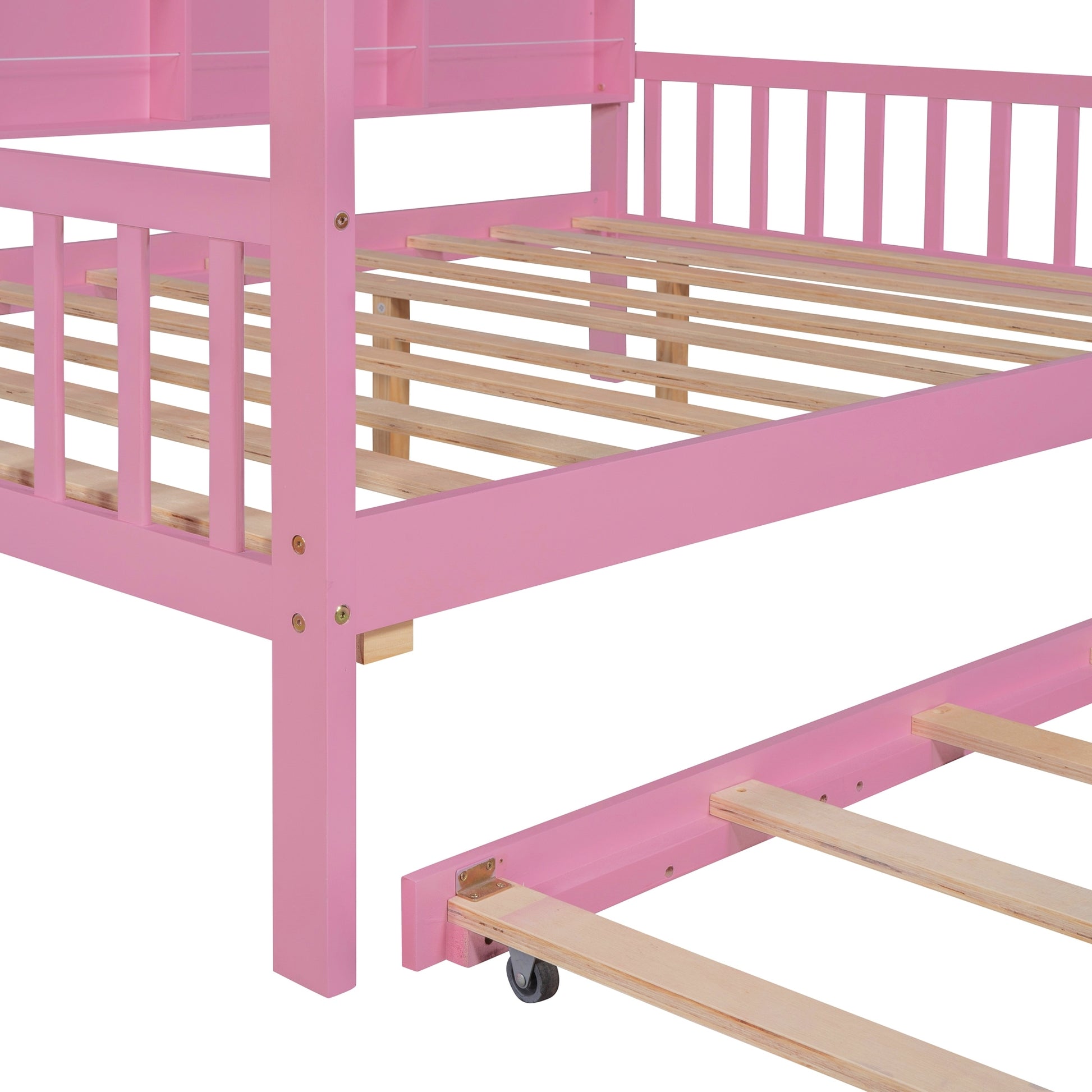 Wooden Full Size House Bed With Trundle,Kids Bed With Shelf,Pink Pink Wood