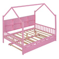 Wooden Full Size House Bed With Trundle,Kids Bed With Shelf,Pink Pink Wood