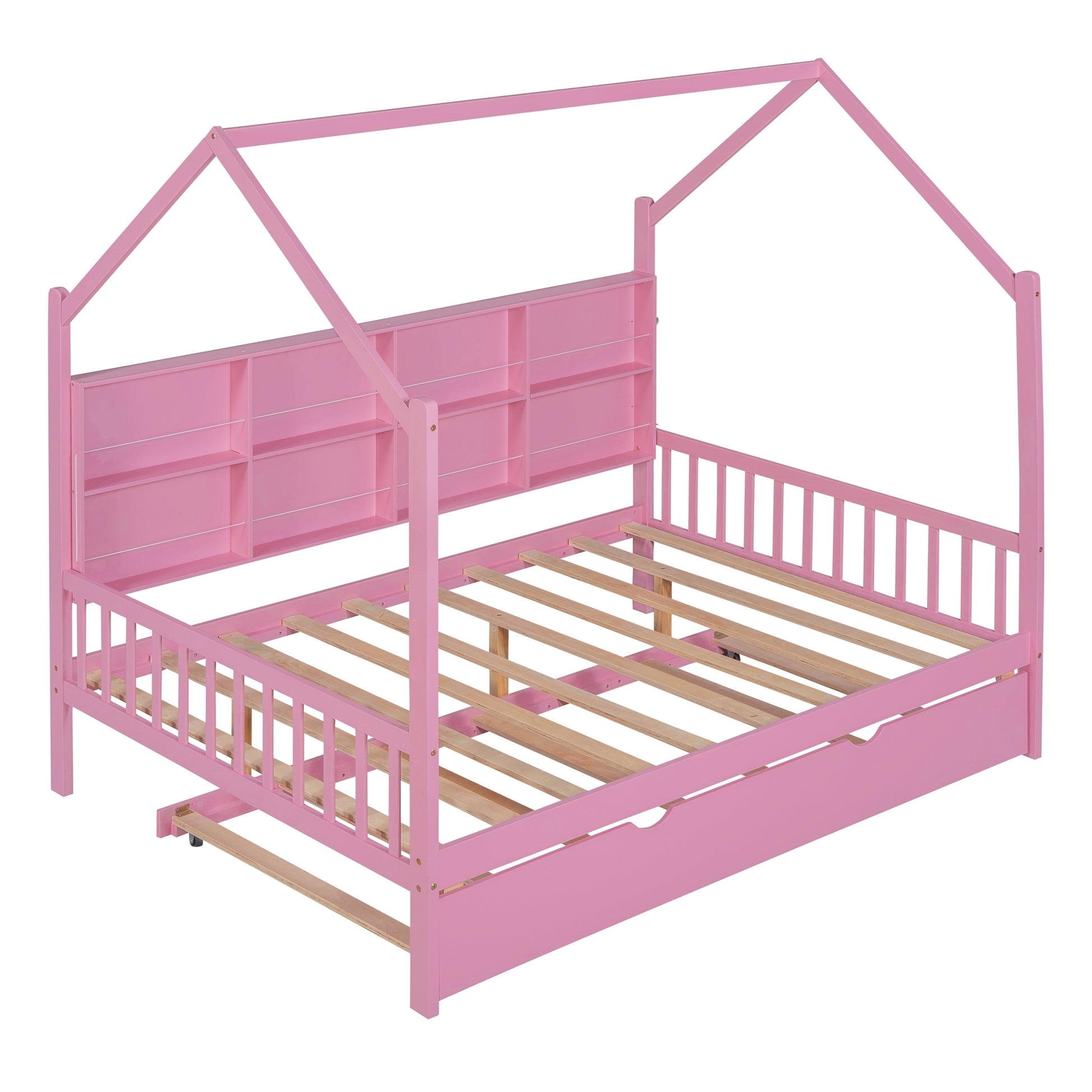 Wooden Full Size House Bed With Trundle,Kids Bed With Shelf,Pink Pink Wood