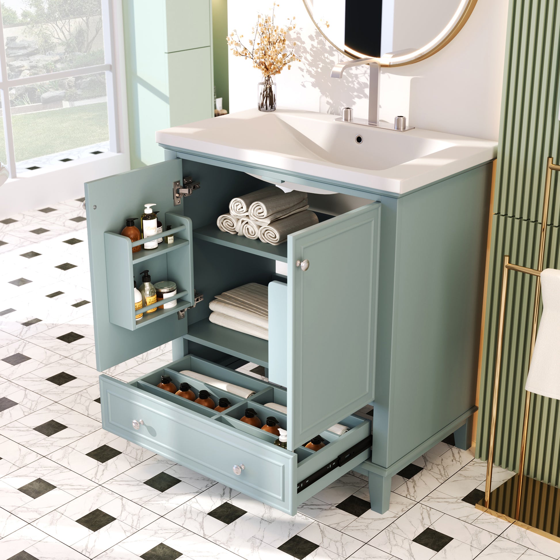 30" Bathroom Vanity With Sink Combo, Multi Functional Bathroom Cabinet With Doors And Drawer, Solid Frame And Mdf Board, Green Green Solid Wood Mdf