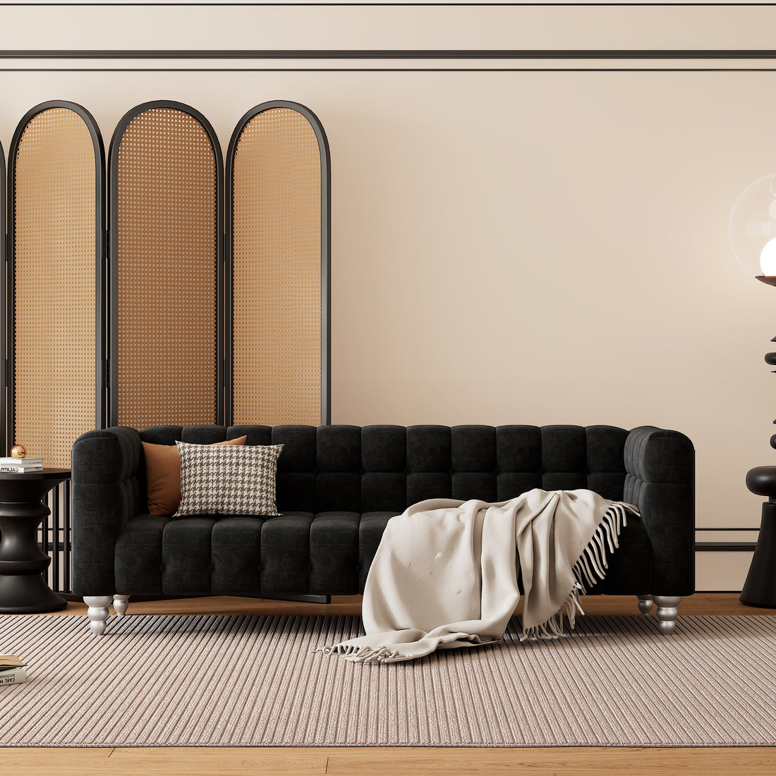 89" Modern Sofa Dutch Fluff Upholstered Sofa With Solid Wood Legs, Buttoned Tufted Backrest,Black Black Foam Polyester 3 Seat