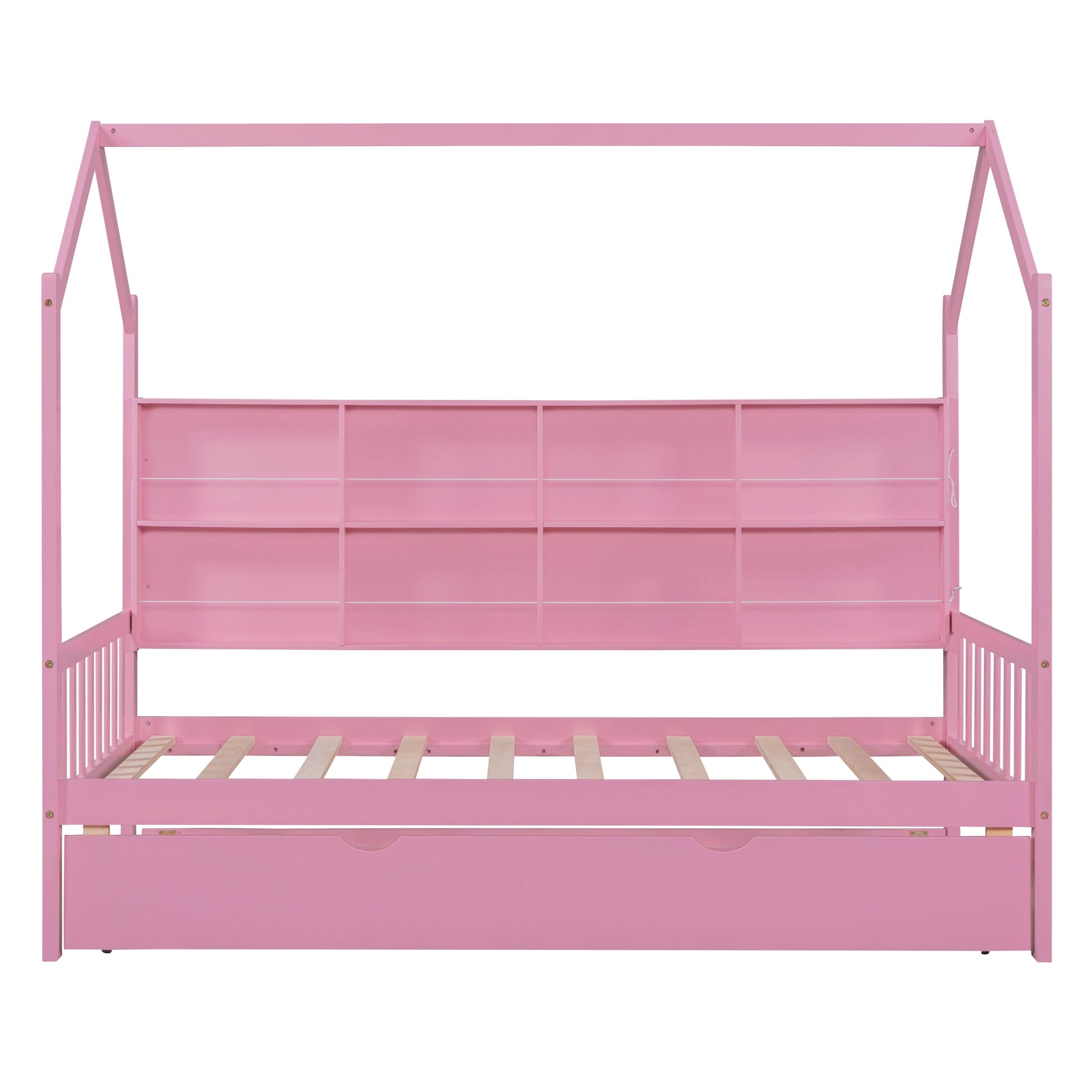 Wooden Twin Size House Bed With Trundle,Kids Bed With Shelf,Pink Pink Wood