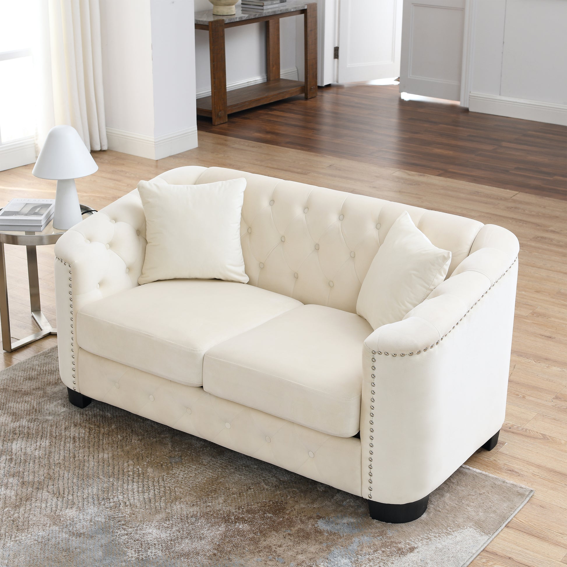 59 Inch Modern Chesterfield Velvet Sofa, 2 Seater Sofa, Upholstered Tufted Backrests With Arms And 2 Cushions For Living Room, Bedroom, Apartment, Office Beige Beige Primary Living Space Foam Velvet 2 Seat