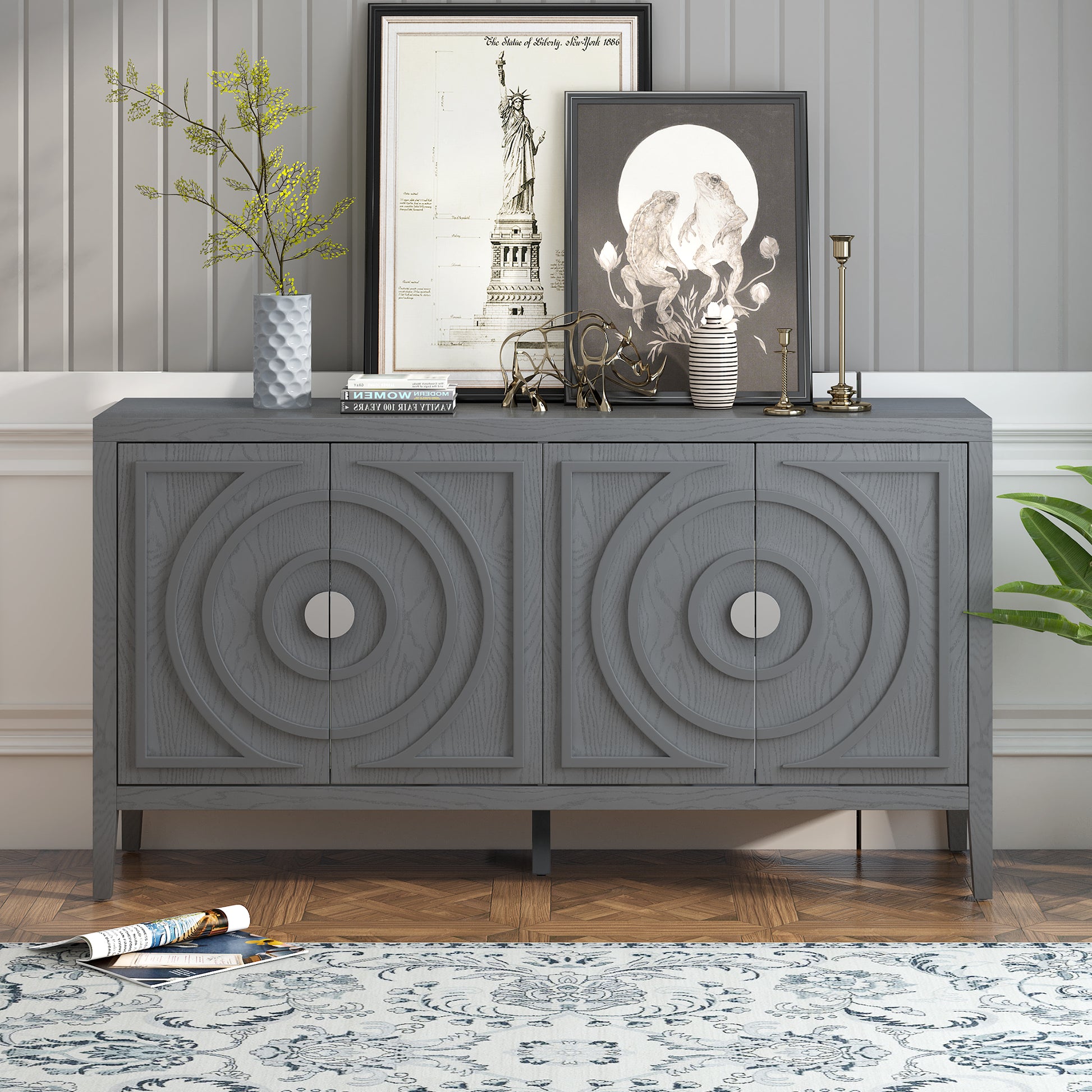 Retro Sideboard Door With Circular Groove Design Round Metal Door Handle For Entrance, Dinning Room, Living Room Gray Gray Mdf