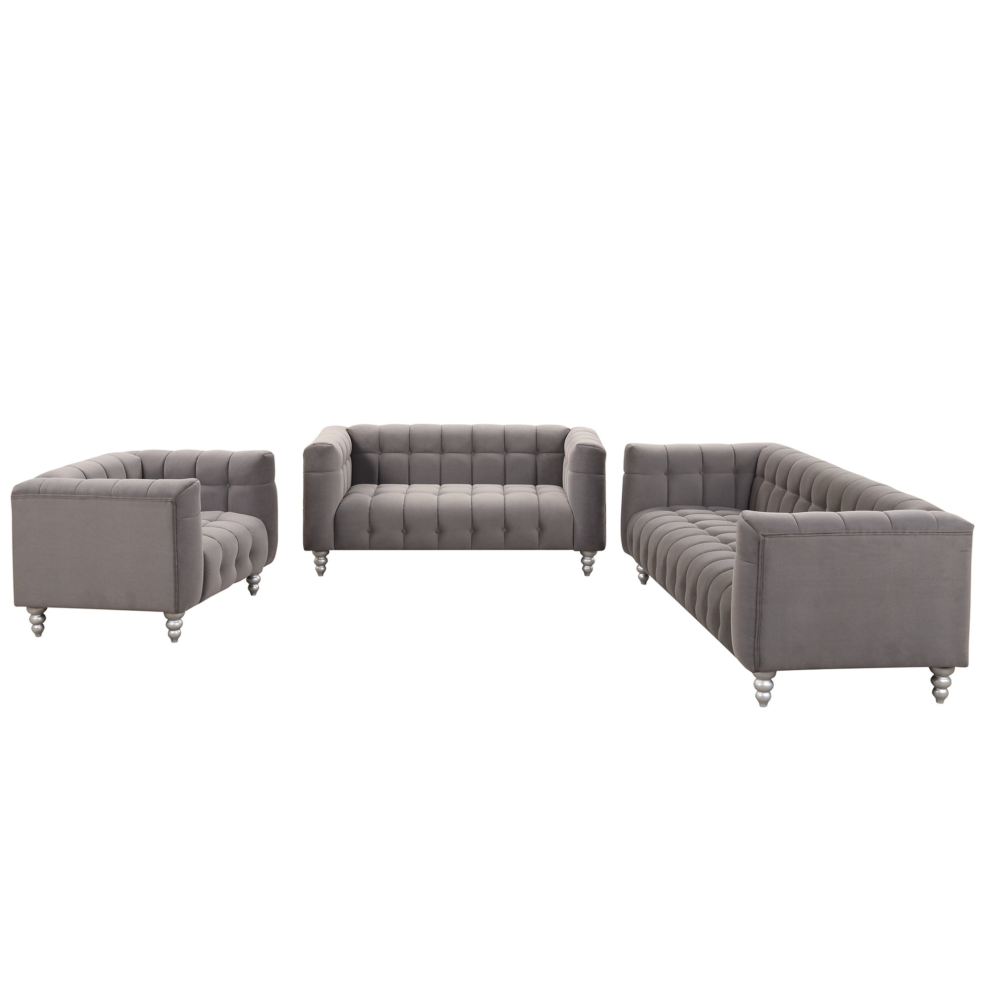 Modern 3 Piece Sofa Set With Solid Wood Legs, Buttoned Tufted Backrest, Dutch Fleece Upholstered Sofa Set Including Three Seater Sofa, Double Seat And Living Room Furniture Set Single Chair, Gray Gray Foam Polyester