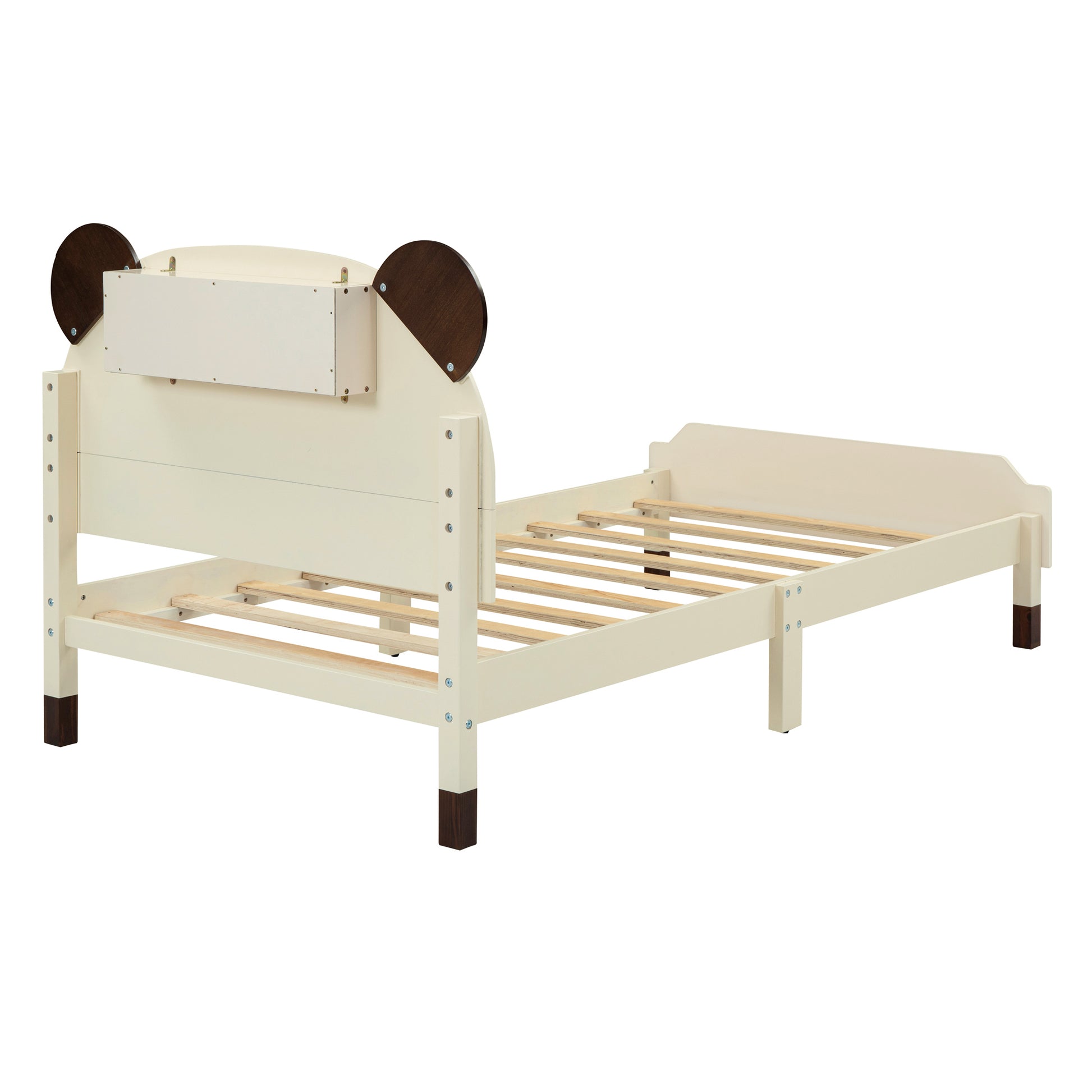 Twin Size Wood Platform Bed With Bear Shaped Headboard,Bed With Motion Activated Night Lights,Cream Walnut Cream Wood