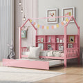 Wooden Twin Size House Bed With Trundle,Kids Bed With Shelf,Pink Pink Wood