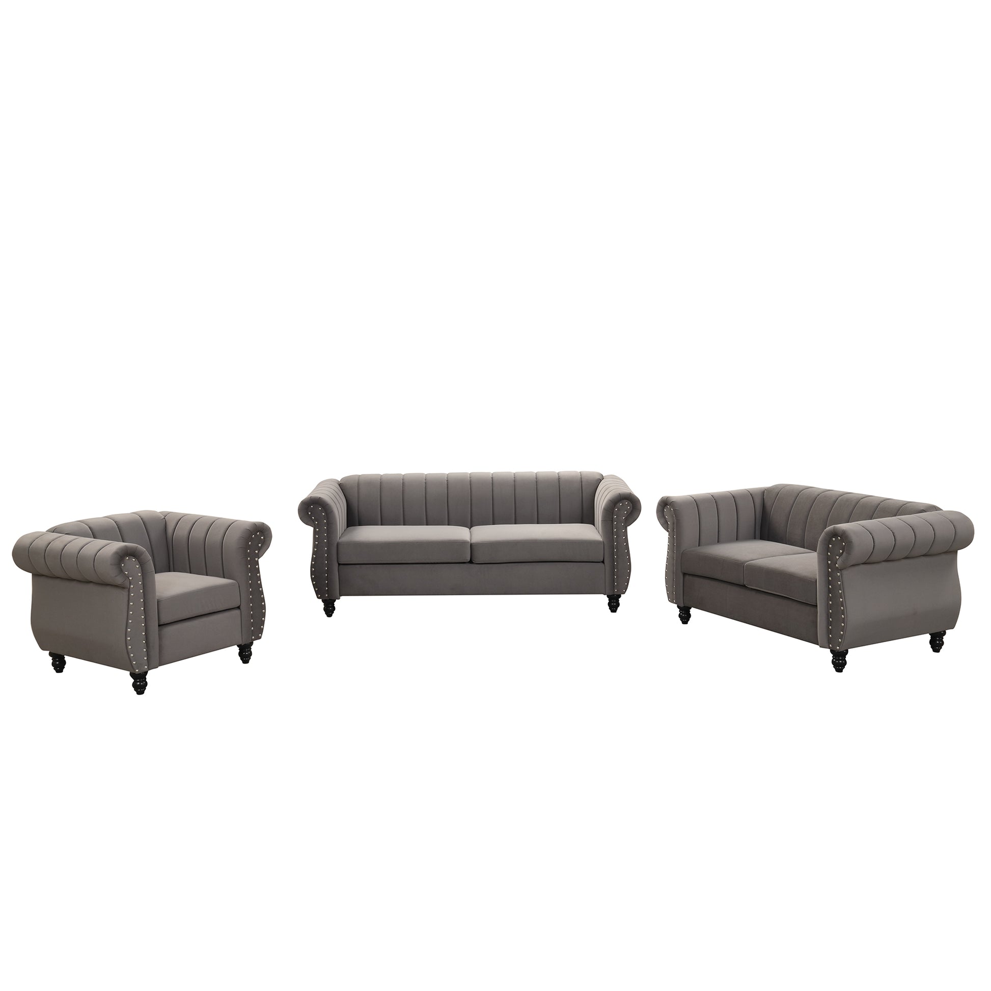 Modern Three Piece Sofa Set With Solid Wood Legs, Buttoned Tufted Backrest, Frosted Velvet Upholstered Sofa Set Including Three Seater Sofa, Double Seater And Living Room Furniture Set Single Chair Gray Foam Polyester