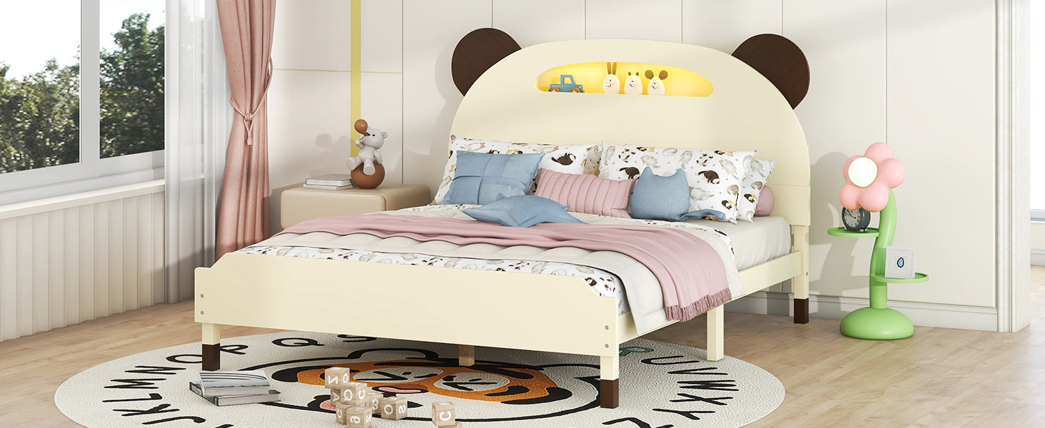 Full Size Wood Platform Bed With Bear Shaped Headboard,Bed With Motion Activated Night Lights,Cream Walnut Cream Wood