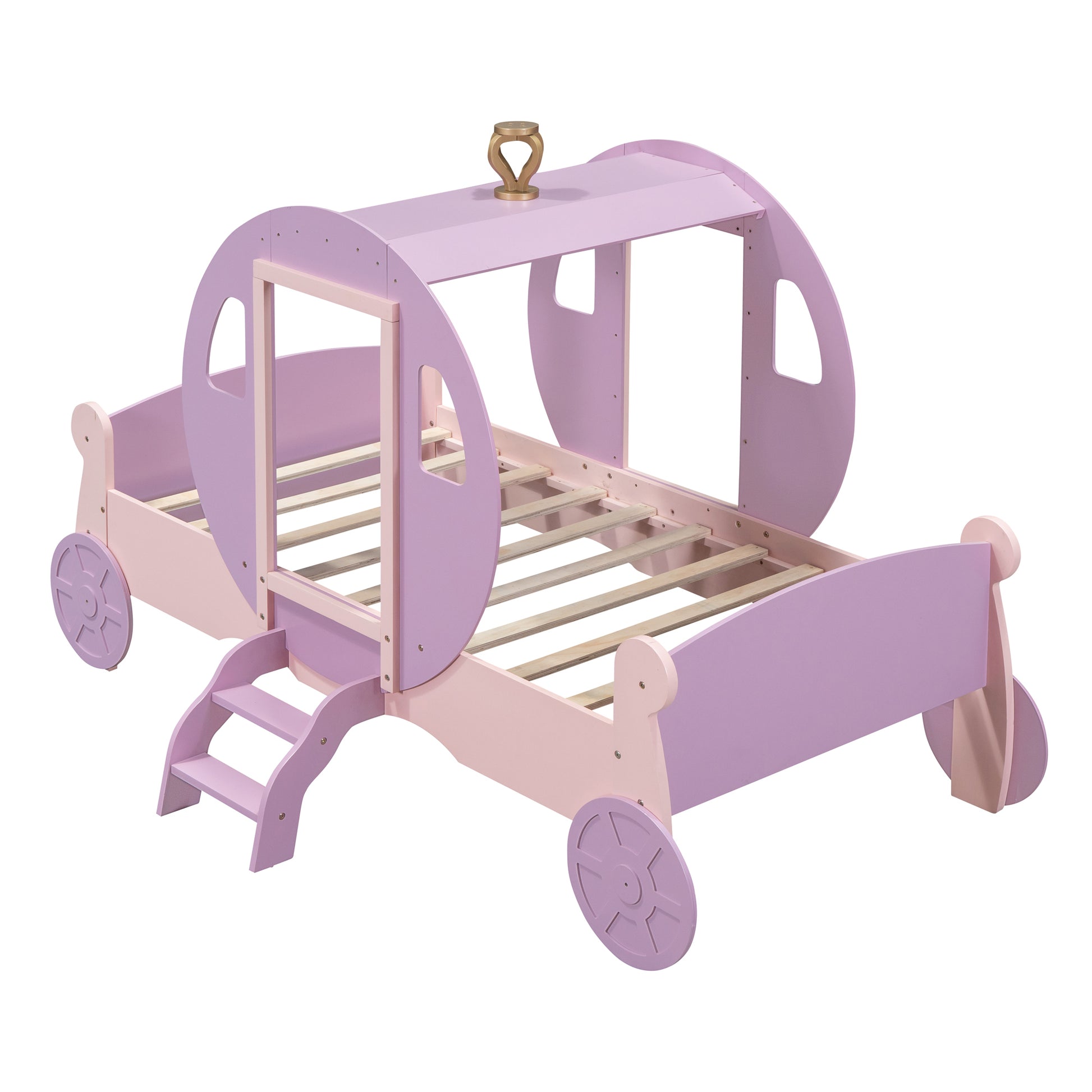 Twin Size Princess Carriage Bed With Crown,Wood Platform Car Bed With Stair,Purple Pink Pink Wood