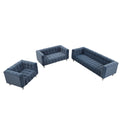 Modern 3 Piece Sofa Set With Solid Wood Legs, Buttoned Tufted Backrest, Dutch Fleece Upholstered Sofa Set Including Three Seater Sofa, Double Seat And Living Room Furniture Set Single Chair, Blue Blue Foam Polyester