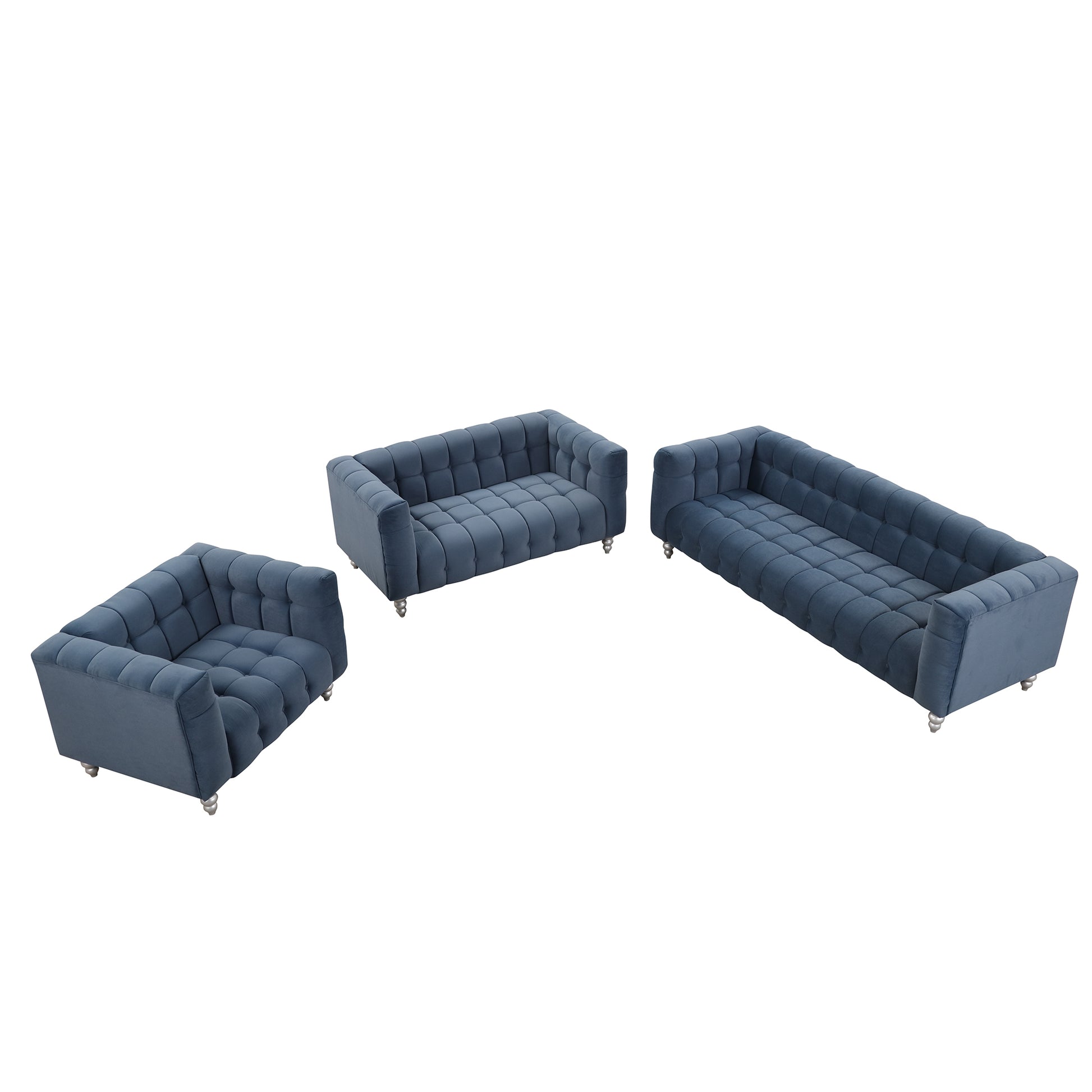 Modern 3 Piece Sofa Set With Solid Wood Legs, Buttoned Tufted Backrest, Dutch Fleece Upholstered Sofa Set Including Three Seater Sofa, Double Seat And Living Room Furniture Set Single Chair, Blue Blue Foam Polyester