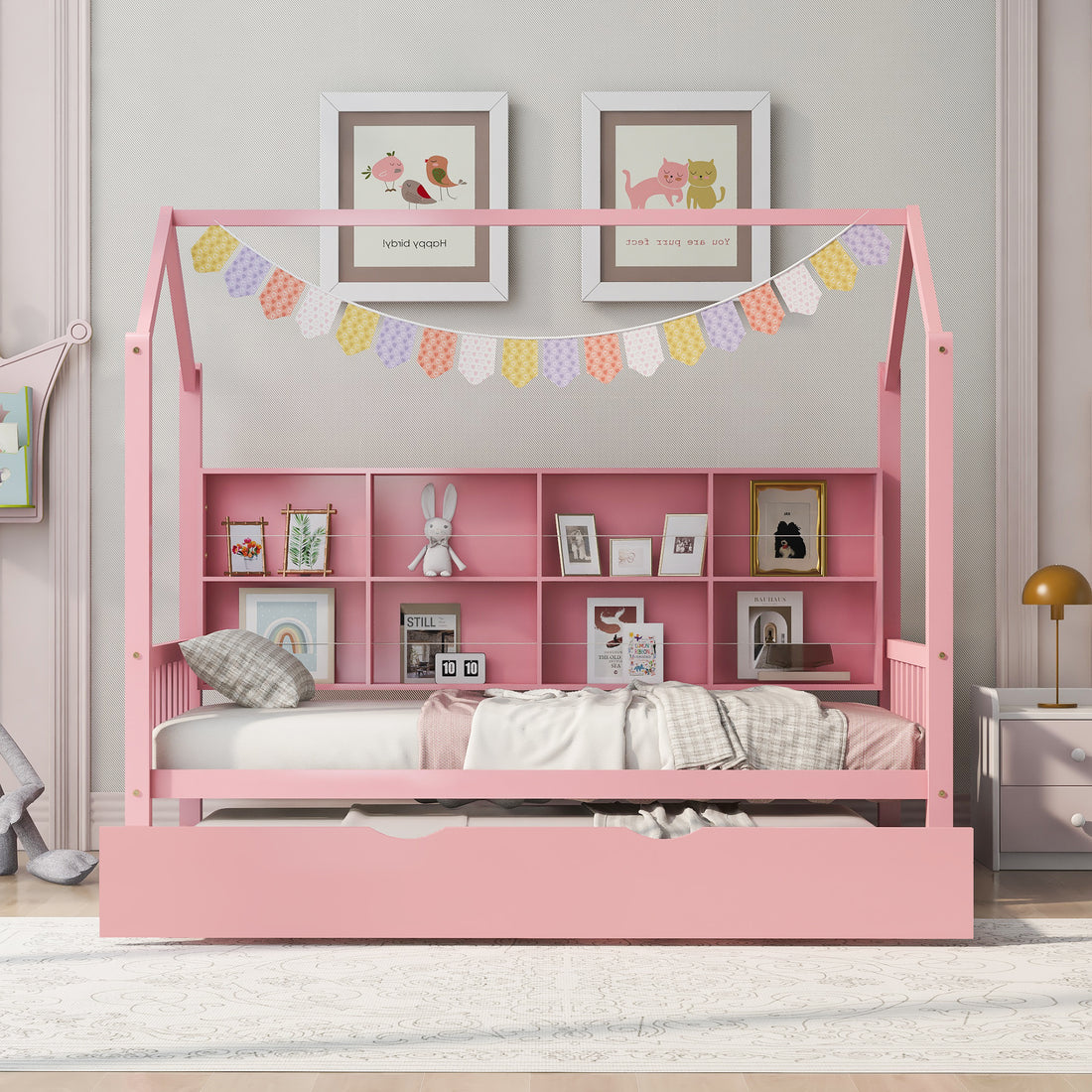 Wooden Twin Size House Bed With Trundle,Kids Bed With Shelf,Pink Pink Wood