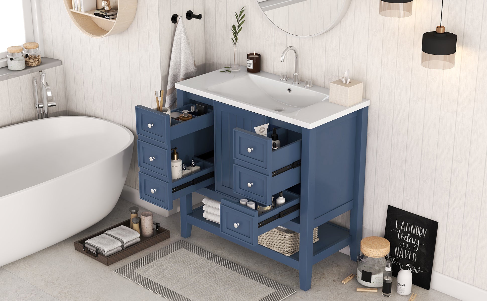 36" Bathroom Vanity With Sink Combo, One Cabinet And Three Drawers, Solid Wood And Mdf Board, Blue Old Sku:Sy999505Aac Blue Solid Wood Mdf