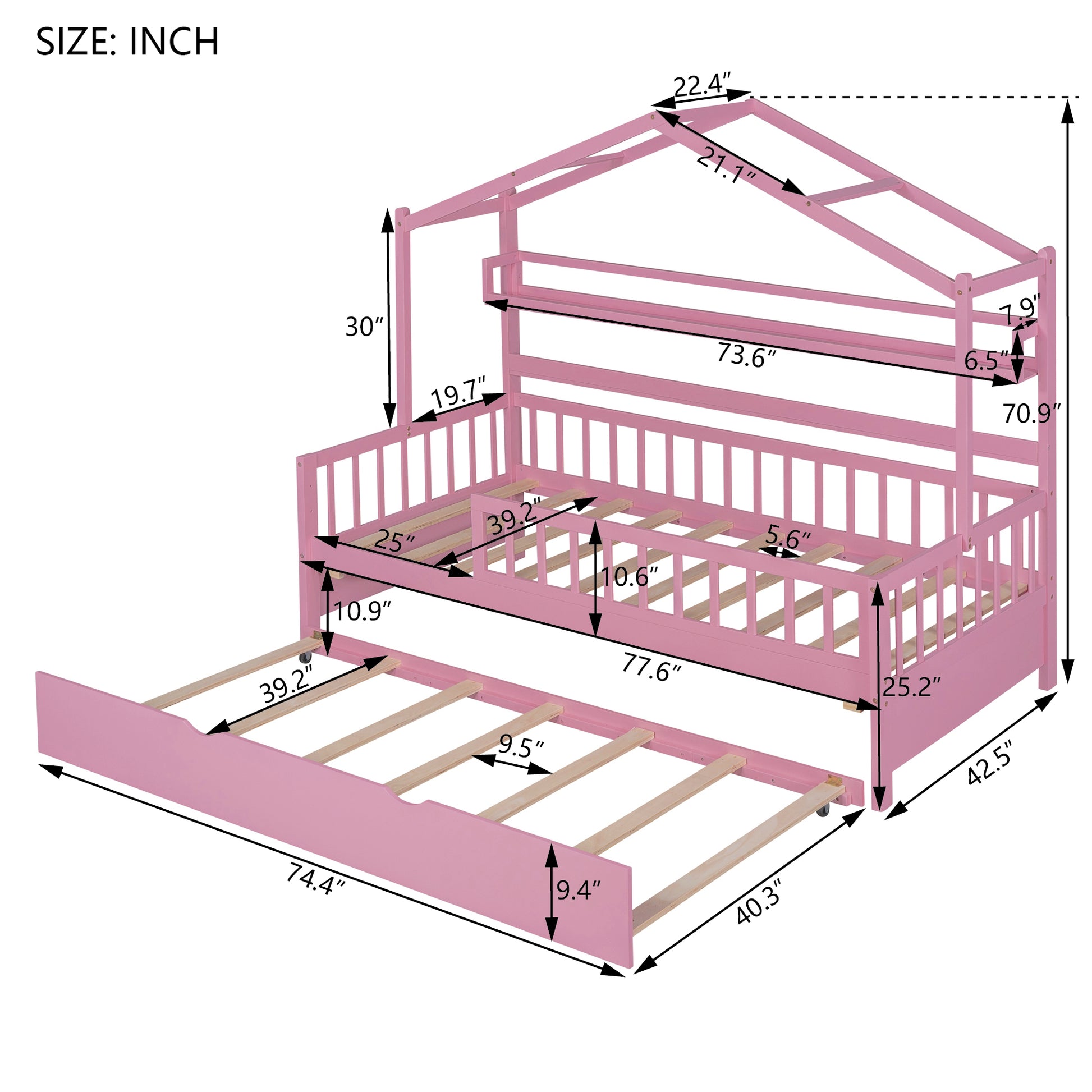 Wooden Twin Size House Bed With Trundle,Kids Bed With Shelf, Pink Pink Wood