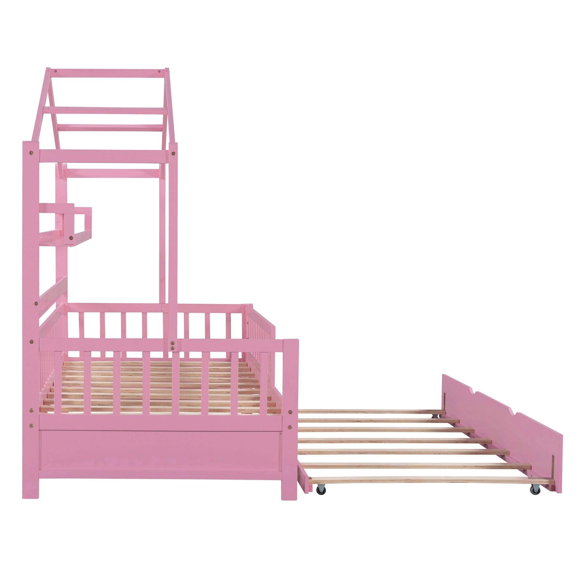 Wooden Twin Size House Bed With Trundle,Kids Bed With Shelf, Pink Pink Wood