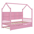 Wooden Twin Size House Bed With Trundle,Kids Bed With Shelf,Pink Pink Wood