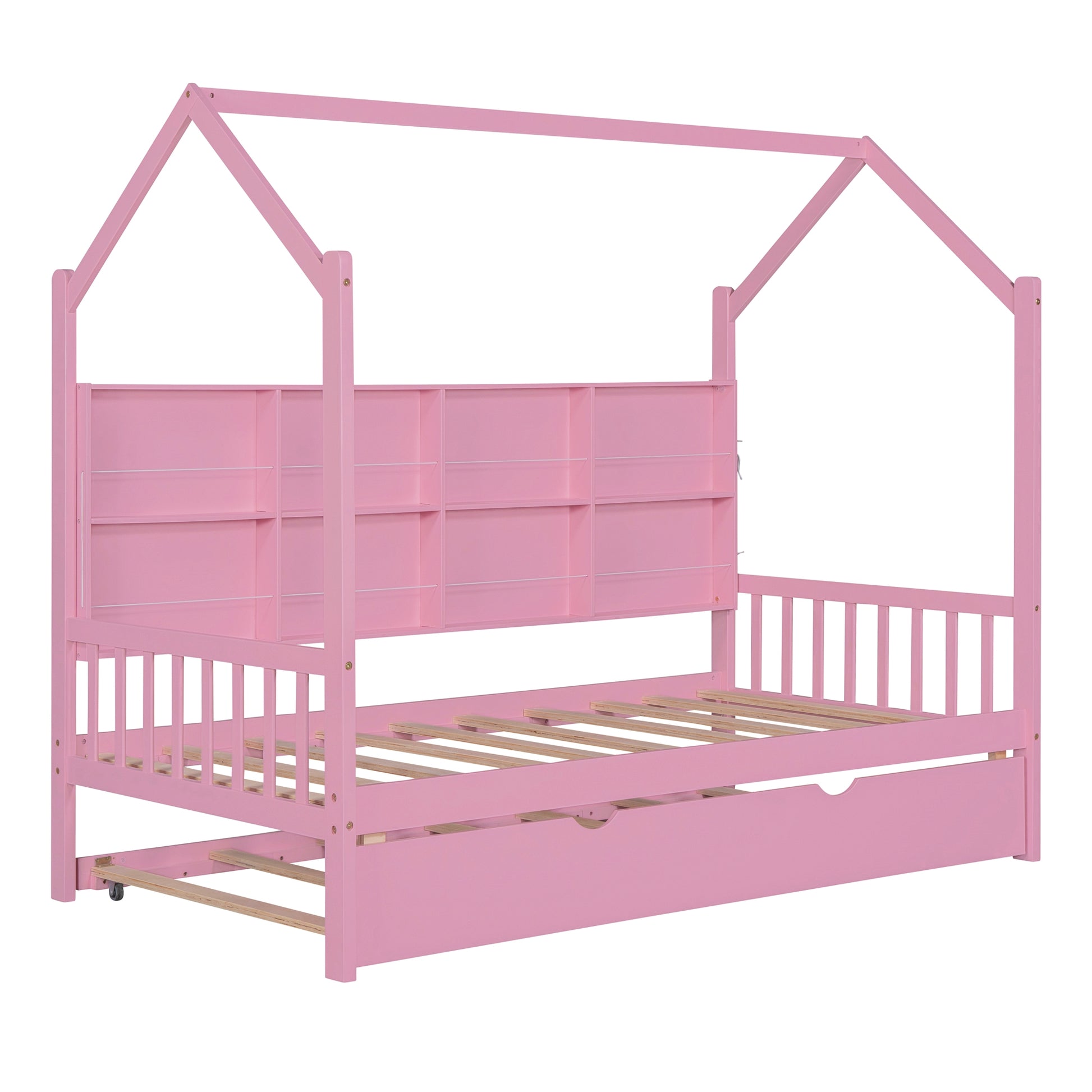 Wooden Twin Size House Bed With Trundle,Kids Bed With Shelf,Pink Pink Wood