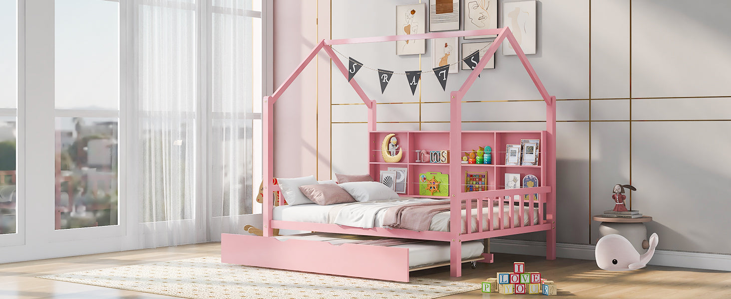 Wooden Full Size House Bed With Trundle,Kids Bed With Shelf,Pink Pink Wood