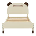 Twin Size Wood Platform Bed With Bear Shaped Headboard,Bed With Motion Activated Night Lights,Cream Walnut Cream Wood