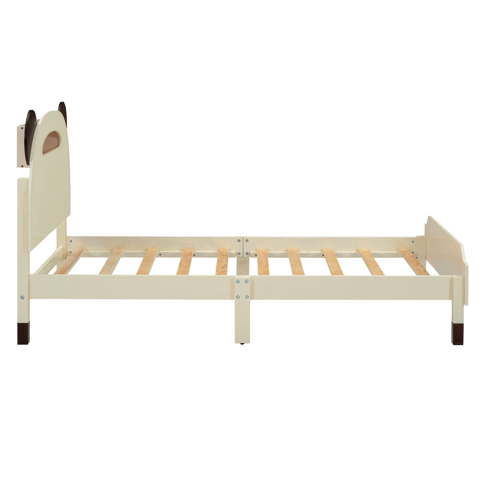 Twin Size Wood Platform Bed With Bear Shaped Headboard,Bed With Motion Activated Night Lights,Cream Walnut Cream Wood