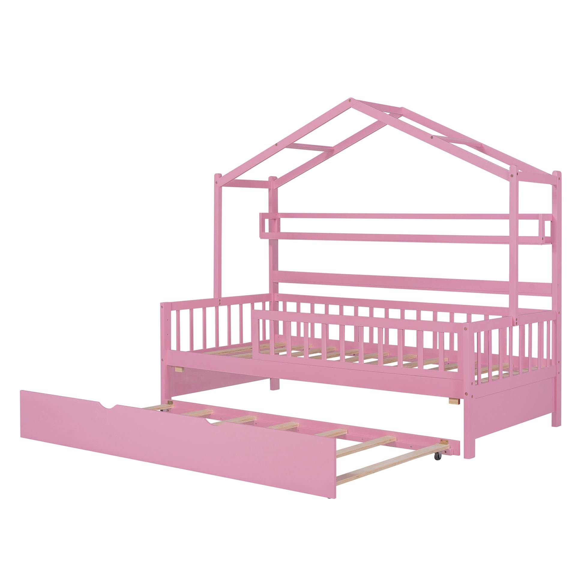 Wooden Twin Size House Bed With Trundle,Kids Bed With Shelf, Pink Pink Wood